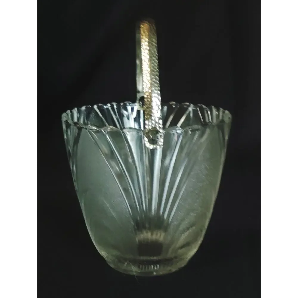 Vintage Frosted Glass Ice Bucket Barrel Swing Hammered Metal Handle